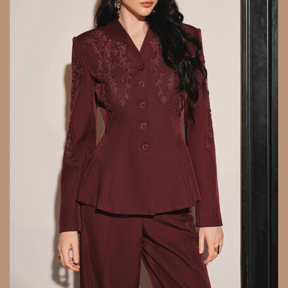 Burgundy Embroidered Lace Applique V Neck Fitted Blazer
